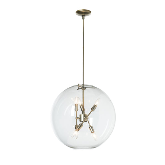 Hubbardton Forge Sfera 6-Light Pendant with sleek metal fixtures, clear glass orbs, and exposed bulbs on a slender rod.