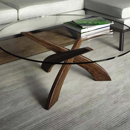 A glass and wood coffee table in a living room.