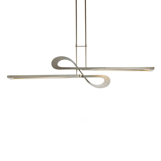 Modern Switchback Pendant by Hubbardton Forge with twisted metallic design and twin long horizontal LED elements.