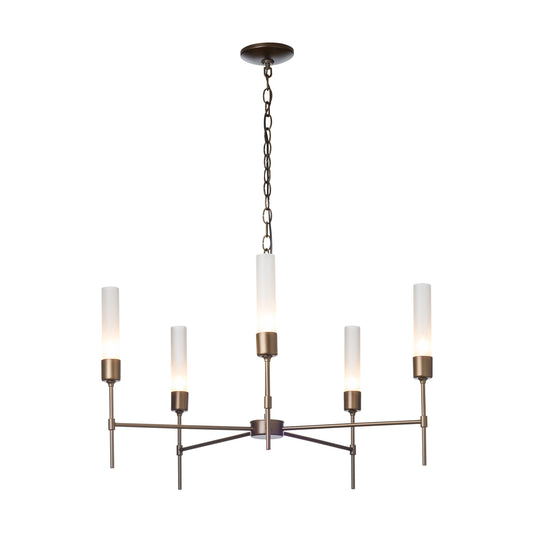 Modern bronze Vela 5-Arm Chandelier by Hubbardton Forge, featuring handcrafted design and frosted glass shades.