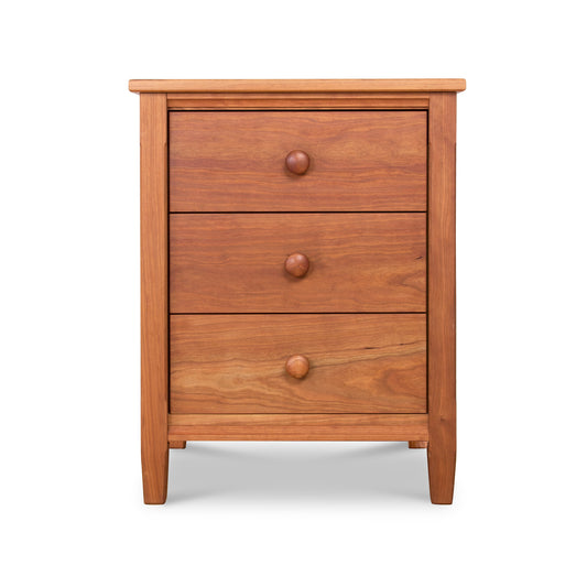Vermont Shaker 3-Drawer Nightstand crafted in eco-friendly materials with a natural finish and classic round knobs by Maple Corner Woodworks.