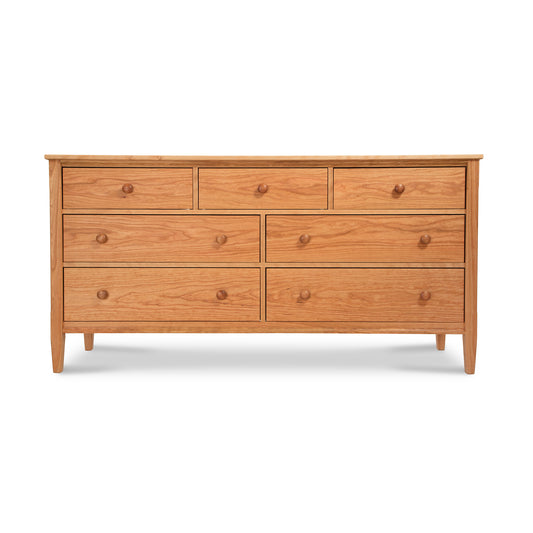 Maple Corner Woodworks Gomella Vermont Shaker 7 Drawer Dresser in solid wood with handcrafted details and classic shaker design, showcasing high quality American craftsmanship.