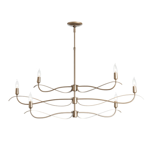 Gold double-tiered Willow 6-Light Small Chandelier by Hubbardton Forge with wavy design and six candle bulbs in central suspension.