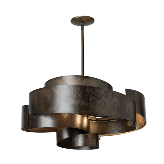 Zen Pendant chandelier featuring handcrafted, overlapping curved dark metal bands in a modern design by Hubbardton Forge.